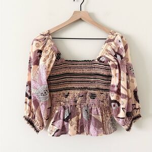 Omika Handmade Smocked Puff Sleeve Blouse in Cream Purple Floral Size S